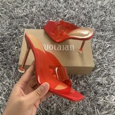 Complete your weekend vibe with these slip-on mules doll. Featuring a brown or red transparent color material with clear straps, these are sure to keep your weekend look effortlessly chic. High Heel Sandals Platform, Transparent Heels, Crystal Sandals, Square Toe Sandals, Nude Shoes, Sandal Shoes, Princess Shoes, Purple Shoes, Warm Boots