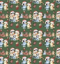 a green background with many cartoon animals wearing christmas hats