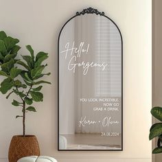 a mirror with the words hello gorgeous on it next to a potted plant