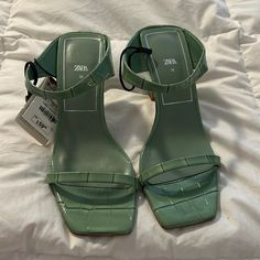 Sea Foam Green, Never Worn. Super Cute And Comfy! Trendy Green Zara Heels, Zara Green Pointed Toe Heels, Green Summer Heels By Zara, Green Zara Heels For Summer, Zara Trendy Low Heel Shoes, Zara Green Heels For Summer, Zara Trendy Low Heel Heels, Zara Green Summer Heels, Zara Green High Heels