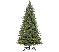 a christmas tree with white lights on it's branches and a black stand in front of a white background