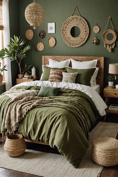 a bed with green sheets and pillows in a bedroom next to a wooden headboard