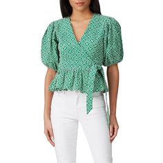 Green printed eyelet (100% Cotton). Top. Short sleeves. V-neckline. Hook-and-eye closure. 20" from shoulder to hemline. Imported. Cotton V-neck Top For Spring Day Out, Fitted V-neck Top For Spring Day Out, Fitted Cotton V-neck Top For Spring, Green Cotton V-neck Blouse, Spring V-neck Top For Daywear, Trendy Cotton V-neck Top For Summer, Patterned V-neck Summer Blouse, Patterned V-neck Blouse For Summer, Spring Day Out Cotton V-neck Top