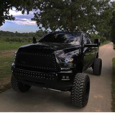 a large black truck parked on the side of a road next to a lush green field