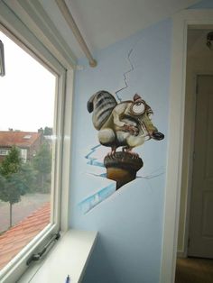 a wall with a painting of a dog on it's side next to a window