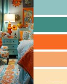 Color Palette For Home Living Rooms, Color Palette With Orange, Mexican Color Scheme, Orange And Teal Bedroom, Room Colour Combination, Orange Color Combinations, Orange Color Palette, Room Color Combination, The Color Orange