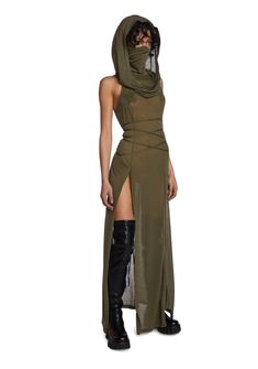 DARKER WAVS Mask Hood Slit Maxi Dress - Green – Dolls Kill Rave Fits, Mode Crochet, Diy Vetement, Futuristic Fashion, Maxi Dress Green, Fantasy Clothing, Rave Outfits