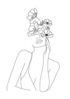 a line drawing of a woman with flowers in her hair, looking to the side