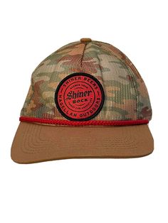 Shiner Bock Magellan Camouflage Adjustable Snapback Trucker Rope Hat Retro NWT This comes from a clean smoke free home Fast Shipping B36 Military Style Flat Brim Trucker Hat For Outdoor, Camouflage Flat Brim Trucker Hat For Outdoor, Khaki Flat Brim Trucker Hat For Outdoor, Camouflage Flat Bill Hat For Outdoor, Outdoor Camouflage Snapback Hat With Flat Brim, Outdoors Adventure, Camouflage, Accessories Hats, Shoe Accessories