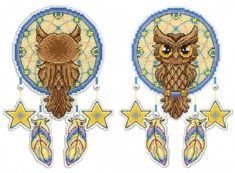 two cross stitch owl dream catchers with stars on the sides and an owl in the center