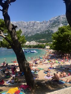 many people are on the beach and some have sunbathers in the shade,