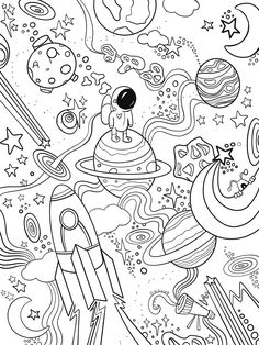 a coloring book page with space and rockets in the sky, stars and planets on it