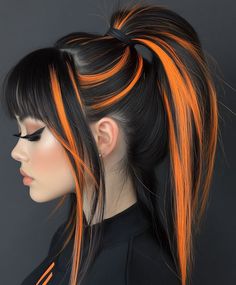 Black Hair With Orange And Purple Highlights, Dyed Hair Inspiration Unique, Ombré Colored Hair, Black And Orange Highlights, Colored Fringe Hair, Alt Hair Colors Ideas, Black Hair With Highlights Color, Creative Color Placement Hair, Vibrant Color Hair