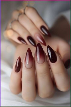 Classy Nails Ombre Simple, Trendy Metallic Nails, Transparent Nails Ideas, Maroon Black Ombre Nails, Smokey Tip Nails, Boho Nails Almond Shape, Maroon Ombre Acrylic Nails, Ombre Wine Nails, Fall Modern Nails