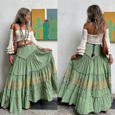 Boho Green Lace Trim Skirt,2 Piece Set Top and Skirt,smocked Top,bell Sleeves Lace Trim Crop Top,maternity Top and Skirt for Photoshoot. - Etsy Bohemian Schick, Lace Trim Skirt, Skirt 2 Piece Set, Boho Chique, Boho Mode, Long Skirt Fashion, Boho Crop Tops, Hippie Skirts, Boho Style Outfits