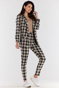 Fitted high-waisted plaid pants with a cigarette cut, tapered at the bottom. High-waisted pants emphasize the waist and optically elongate the figure, while covering minor imperfections around the waist. Together with our A491 jacket it creates an elegant suit set, which can be used for a business meeting, family celebration or office work. Fitted plaid pants are a must have in every closet. Spandex 3 % Polyester 69 % Viscose 32 % Size Lenght Hips width Waist width L 101 cm 98 cm 78 cm M 100 cm 94 cm 74 cm S 99 cm 90 cm 70 cm XL 102 cm 102 cm 82 cm Fall Office Wear Ankle-length Pantsuit, High-waisted Pantsuit For Office Wear In Fall, Fall Office Wear High-waisted Pantsuit, Fall High-waisted Pantsuit For Office, Tailored Fall Pantsuit With Tapered Leg, Chic High-waisted Plaid Pants, Fall Office Wear Trousers Pantsuit, Fall Office Wear Pantsuit, Plaid Tapered Leg Business Casual Pants