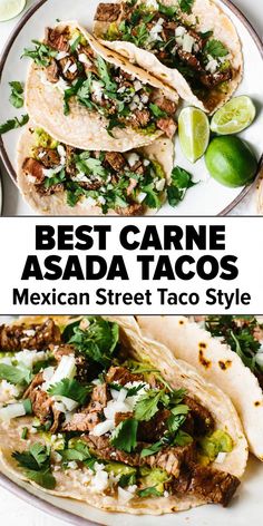 the best carne asada tacos mexican street taco style with limes and cilantro