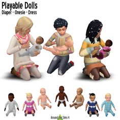 a group of people sitting around each other with dolls in front of them and the text playable dolls diaper - ones dress