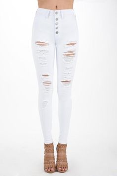 Exposed Buttons High Rise Destroyed Skinny Jeans-Jeans-Hammer Premium Denim-White-8508-1-RK Collections Boutique Street Shopping, Jane Clothing, Jeans Destroyed, School Holiday, Office Party, Holiday Vacation, Pants And Leggings, Vacation Travel, Clothing Co