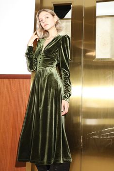 Vintage Wedding Guest Formal Evening Dress V Neck Long Sleeve Floor Le – AEL Studio