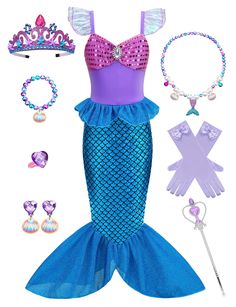 PRICES MAY VARY. 【ELEGANT PRINCESS COSTUME】The mermaid princess dress with princess crown, magic wand, earrings, necklace, bracelet, ring, gloves and sequin dress, will make your child look more beautiful and fashionable. 【HIGH-QUALITY FABRIC】Made of high-quality fabric, the fabric is soft and elastic, skin-friendly and breathable, comfortable to wear, fit and provide the best comfort, and better protect the soft skin of the girl. 【EXQUISITE WORKMANSHIP】High-quality girl princess party costume s Ariel Halloween Costume, Princess Party Costume, Princess Ariel Dress, Girls Mermaid Costume, Little Mermaid Costume, Costume Princess, Baby Costumes Girl, Costume For Girls, Ariel Dress