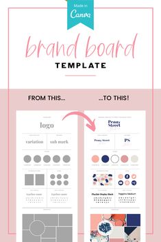 the brand board template is shown in pink, blue and white with an arrow pointing to it