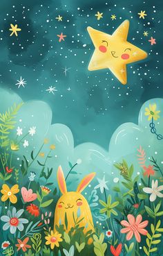 a painting of a yellow star in the sky above some flowers and grass with stars