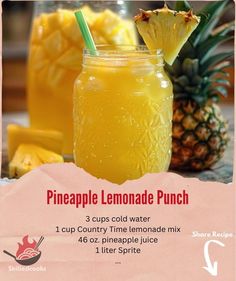 the pineapple lemonade punch is in a mason jar