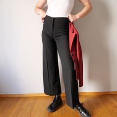 Vintage minimalist pleated design pant black high waist utility basic capsule pants straight flare basic capsule size M Very good vintage condition!  Material tag: 62% poly 32% viskose 6% elasthan Labelled Design Schnitt Berlin Rare design pant with an excellent cut and fit Dimensions lying flat: Length 102cm Waist perimeter 76cm Rise 33cm Hips perimeter 104cm Model Body Measurements: Waist: 75cm Hips: 96 cm Height: 175 cm Usual size: M For any other info feel free to send a message, we will gla Black High Waist, Model Body, Pants Straight, Body Measurements, Trousers Women, Black Pants, Favorite Outfit, High Waist, Pants For Women