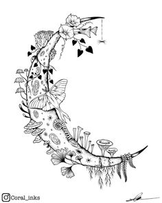 a drawing of the moon with flowers and plants on it, in black and white