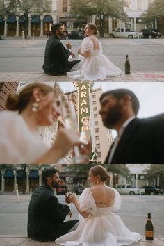 the bride and groom are sitting on the ground in front of their wedding party, drinking champagne