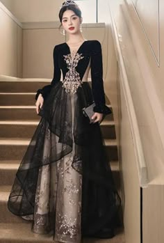 Plus Size Ball Dresses, Long Sleeve Black Evening Dress, Different Wedding Dresses, Black Ball Gown, Black Evening Dress, Dress Ball Gown, Pretty Embroidery, Princess Ball Gowns