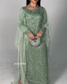 Jiayigong  Satin Embroidery Ribbons Celebrity A-line Boat Neck Bespoke Occasion Gown Long Dresses Green Floor-length Gown For Ceremonies, Green Gown With Floral Embroidery For Eid, Green Embroidered Gown For Evening, Green Floor-length Ceremony Set, Green Embroidered Evening Gown, Embroidered Long Sleeve Gown For Ceremony, Embroidered Gown For Banquet, Embroidered Evening Gown For Eid, Embroidered Green Ceremony Set