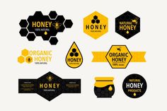 honey labels and stickers are shown in this graphic design guide for organic honey products