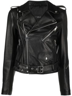 black leather silver-tone hardware notched lapels epaulettes off-centre front zip fastening two zip-fastening chest pockets long sleeves front zip fastening pockets belted waist Silver Leather Jacket, Cropped Biker Jacket, Leather Biker Jacket, Leather Sleeve, Gray Jacket