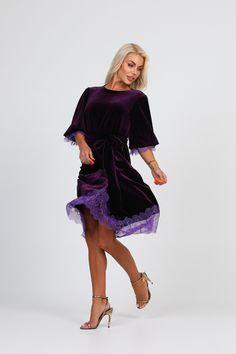 Plum Velvet Short Dress With Lace, Cocktail Dress, Party Dress, Oversized Dress, Midi Velvet Dress, Tunic Dress. More Désir Couture dresses you can find here: https://www.etsy.com/shop/DesirCouture?ref=simple-shop-header-name&listing_id=992376660&section_id=37144974 ❖ I can make tunic different length, pockets, different sleeves, or back- closed, Mini V, Deep V. Write it in order's note. ❖ Waist sash is included. ❖ Material is quality, flexible and stretchy. ❖ The top of the dress is lined.  ❖ In my shop the size scale is different. Please read the dress description and find your size. ❖ Ordering the dress, write a note with your height without shoes, bust, waist, hips measurements. (XXS) - Bust 32.3 (82 cm), Waist 24.4 (62 cm), Hips 33.8 (86 cm) (XS) - Bust 33.8 (86 cm), Waist 26 (66 cm), Midi Velvet Dress, Velvet Short Dress, Couture Bridesmaid Dresses, Plum Velvet, Velvet Dress Short, Velvet Lace Dress, Velvet Tunic, Lace Cocktail Dress, Waist Sash