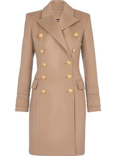 brown wool wide notch lapels fitted waistline embossed gold-tone buttons double-breasted button fastening long sleeves straight hem above-knee length two side flap pockets rear slit Double Breasted Coat Women, Balmain Clothing, Elegant Jacket, Langer Mantel, Pierre Balmain, Coat Outfits, Coat Design, Double Breasted Coat, Cashmere Coat