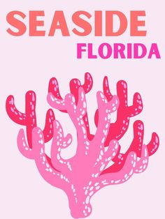 the words seaside florida written in pink on a white background with an image of corals