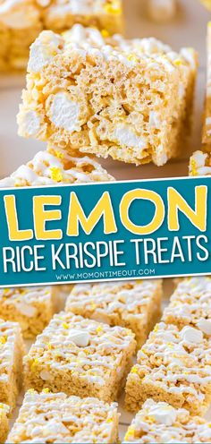 lemon rice krispie treats stacked on top of each other with the title overlay