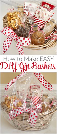 a basket filled with cookies and candy on top of a white countertop next to the words how to make easy diy gift baskets