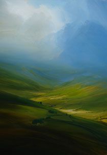 an abstract painting of green hills and blue sky