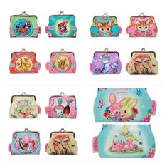 many different purses with cartoon animals on them