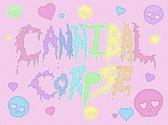 an image of the word graffiti art with skulls and hearts around it on a pink background