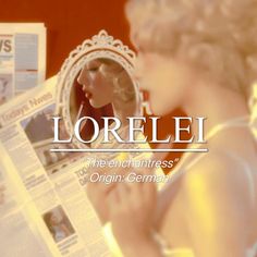 a woman looking at her face in the mirror while reading a newspaper with an ad for lorelle