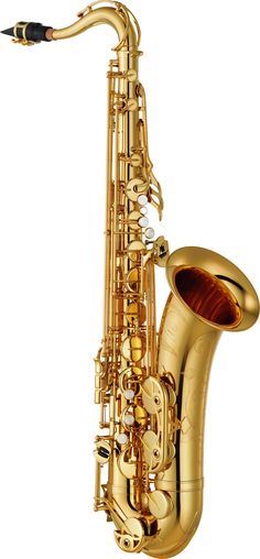 a gold colored saxophone is shown against a white background