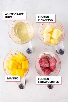 four blenders with different types of fruit in them