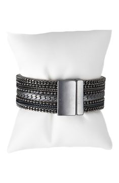 Mixed chains wrap around a leather bracelet for a bold statement to add to your cool look. Magnetic closure Leather/zinc alloy Imported Cool Look, Magnetic Closure, Wrap Around, Chain Bracelet, Zinc Alloy, Nordstrom Rack, Leather Bracelet, How To Look Better, Nordstrom