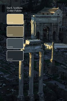 an aerial view of the roman ruins and columns with shades of gray, brown, yellow or green