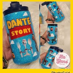 a hand holding a blue canister with the words dante story printed on it