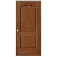 a brown door on a white wall with the bottom panel painted in dark wood and top panel